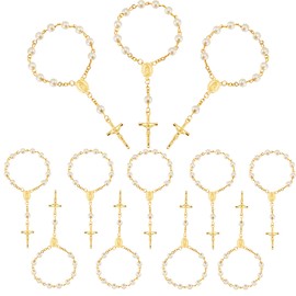 Hicarer 12 Pieces Mini Rosary Baptism Rosary Acrylic Rosary Beads Finger Baptism Rosaries Faux Pearls for Baptism Favors Christening Favors Communion Favors Weddings Party Favors (White)