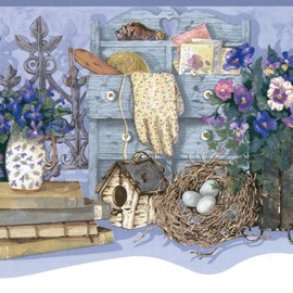 CONCORD WALLCOVERINGS ™ Wallpaper Border Vintage Pattern Flowers Garden Tools Fence Books, Die Cut Edge for Kitchen Cottage Farmhouse, Lilac Purple Beige, 15 ft by 7.5 in SMB5248DC