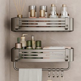 2Pcs Corner Shower Shelf Caddy Suction Cup, No Drill Hole with Towel Bar and Hook, Gray Bathroom Storage Rack, Zero Drill Square Shelves, Store Toiletries and Bath Towel for Bathroom Kitchen RV