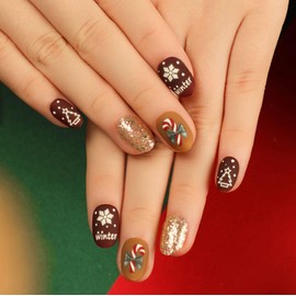 Christmas Short Press on Nails Chocolate Color Square Fake Nails Snowflake Christmas Tree Designs Acrylic Nails Gold Glitter Cover with Red Candy False Nails Christmas Short Nails for Women