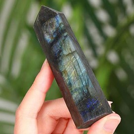 QINJIEJIE Labradorite Crystals Tower 4 Inch Large Healing Stone Crystal Stone Towers 1 Piece Rock Crystal Hexagonal Point Bars Gemstones for Wicca Crystal Grid Reiki Meditation 9-10 cm