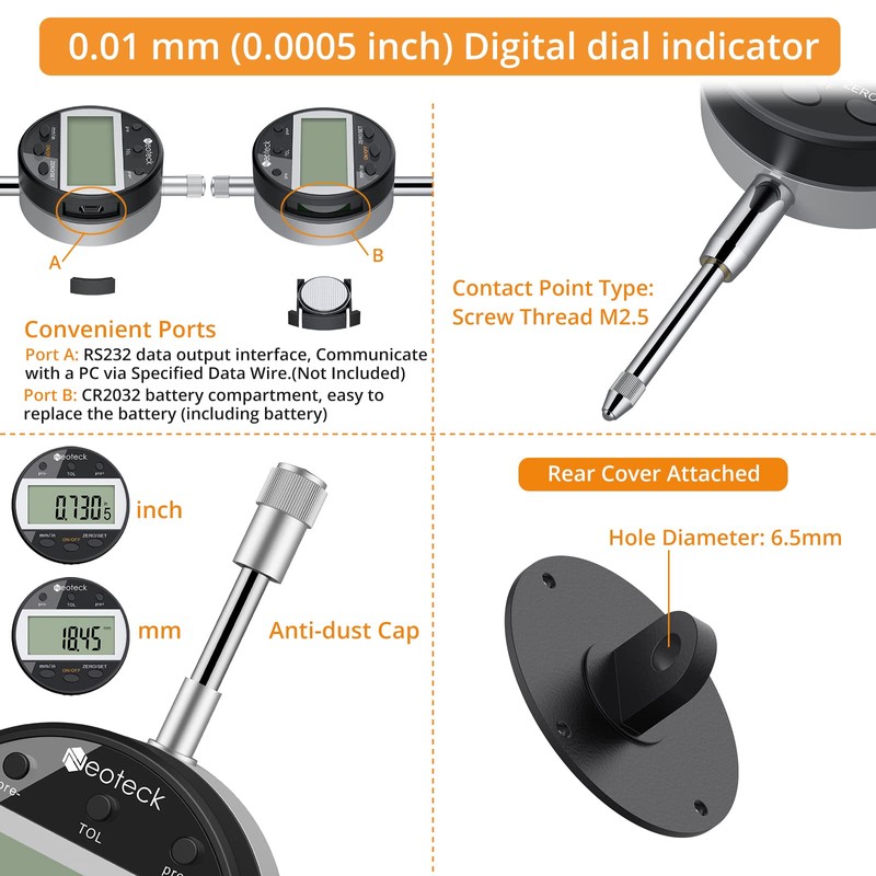 Neoteck Digital Dial Indicator with Tolerance Function 0-25.4mm/1", 0.01/.0005" Dial