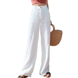 Hooever Womens Casual High Waisted Wide Leg Pants Button Up Straight Leg Trousers (White-XL)