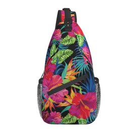 bassyil Tropical Hawaiian Flower Sling Bag Crossbody Travel Hiking Chest Backpack Shoulder Daypack for