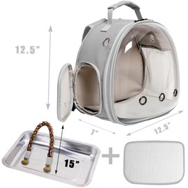 Small Bird Travel Backpack Carrier Cage, Backpack to Transport Backpack Carrier with Metal Tray Rope Stand Perch for Parakeet Cockatiel Budgies Vet Carry Book Bag (Grey)