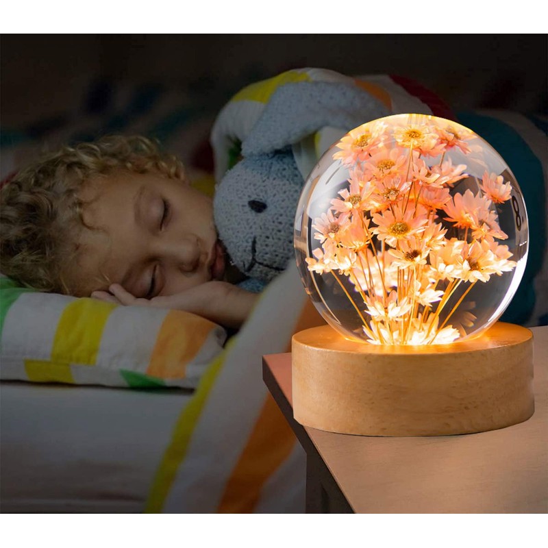 Preserved Red Daisy Crystal Ball Night Light,3D Crystal Ball with