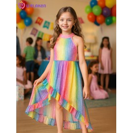 Girls Sequin Dress for Kids Sparkly Halter Neck Sleeveless Casual Party Wedding Twirl Dresses