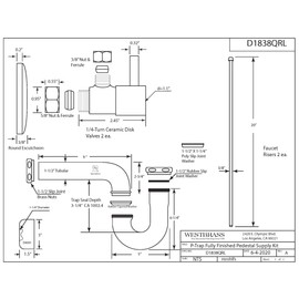 Westbrass D1838QRL-62 Freestanding Pedestal Sink Faucet Supply Line Risers with P-Trap, Flanges and 1/4-Turn Lever Handles, Matte Black