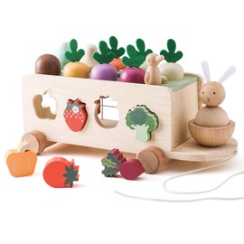 WOODEN TEETHER Montessori Wooden Toy, Children's Farm Vehicle Toy with Stretchy Rope, Beet Harvest Sorting Puzzle Toy for Boys and Girls, Funny and Educational Gifts for Toddlers