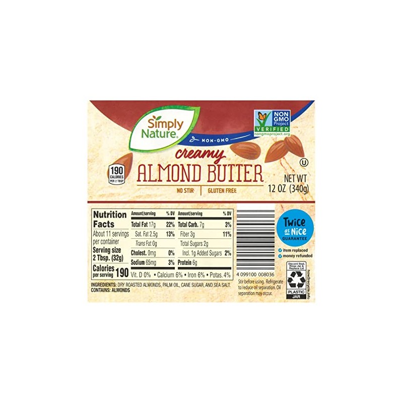 Simply Nature Creamy Almond Butter, 12 oz (Pack of 2)