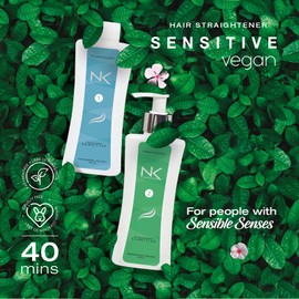 NK Professional Care Sensitive Keratin Hair Straightening Treatment, Vegan, Formaldehyde Free. Kit Steps 1,2,3,4. Sensitive straightening treatment, post-treatment shampoo and restorative mask.