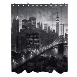 NYC Manhattan Brooklyn Bridge Shower Curtain New York Skyline Building Night View Shower Curtain Set with 12 Hooks 72x72 inch Polyester Machine Washable, Grey and White
