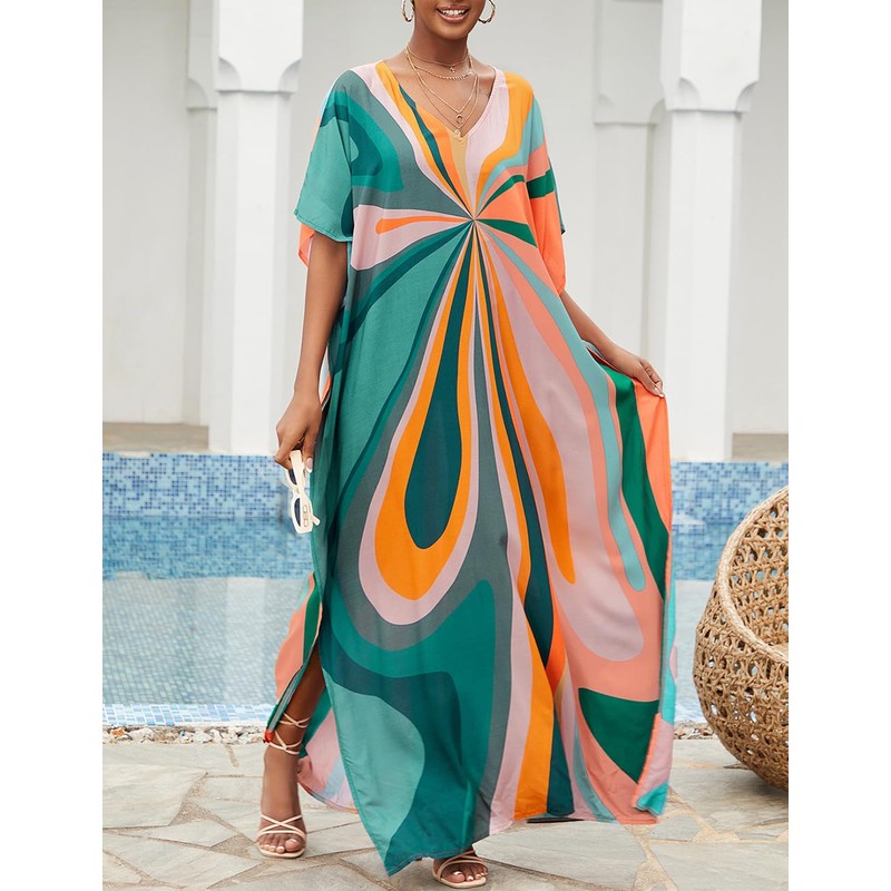Bsubseach Women's Ethnic Print Kaftan Beach Maxi Dresses, Striped pattern