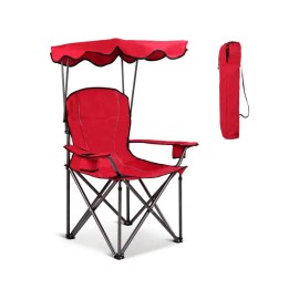 Portable Folding Beach Chair With Canopy Red Aluminum Frame Oxford Fabric Cup Holders For Outdoor Activities Garden UseColor: Blue1