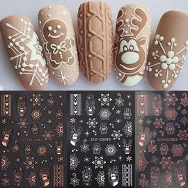 Christmas Nail Art Stickers Decals Winter Snowflake Nail Decals 6PCS Rose Gold White Gingerbread Man Deer 3D Self-Adhesive Design Christmas Nail Stickers Manicure Supply for DIY Nail Art Decorations