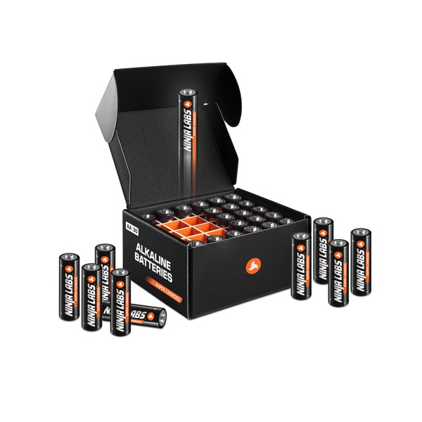 Ninja Labs: 30 pilas alcalinas supercargadas (increíblemente de larga duración) + caja organizadora, doble A