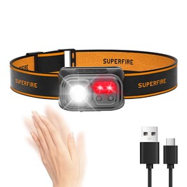 SuperFire LED Rechargeable Headlamps for Adults, Super Bright Headlights for Head with Motion Sensor, Red Light, Waterproof Camping Headlamps for Man, Women, Kids Reading, Running, Hiking