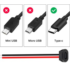 RUNCCI-YUN Pack of 12 USB C Female 5V 3A 2-Pin with Snap Groove Buckle, 2-Wire USB C Soldering Installation Socket with PD Function, 100 mm 24 AWG Wires, Black