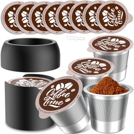 Reusable Capsule Kit, Reusable coffee pods with 100 Pcs Aluminum Foil Seal Lids,1 Holder,4 stainless steel k cups,Universal stainless steel k Cups for Keurig 2.0 and 1.0 Coffee Makers