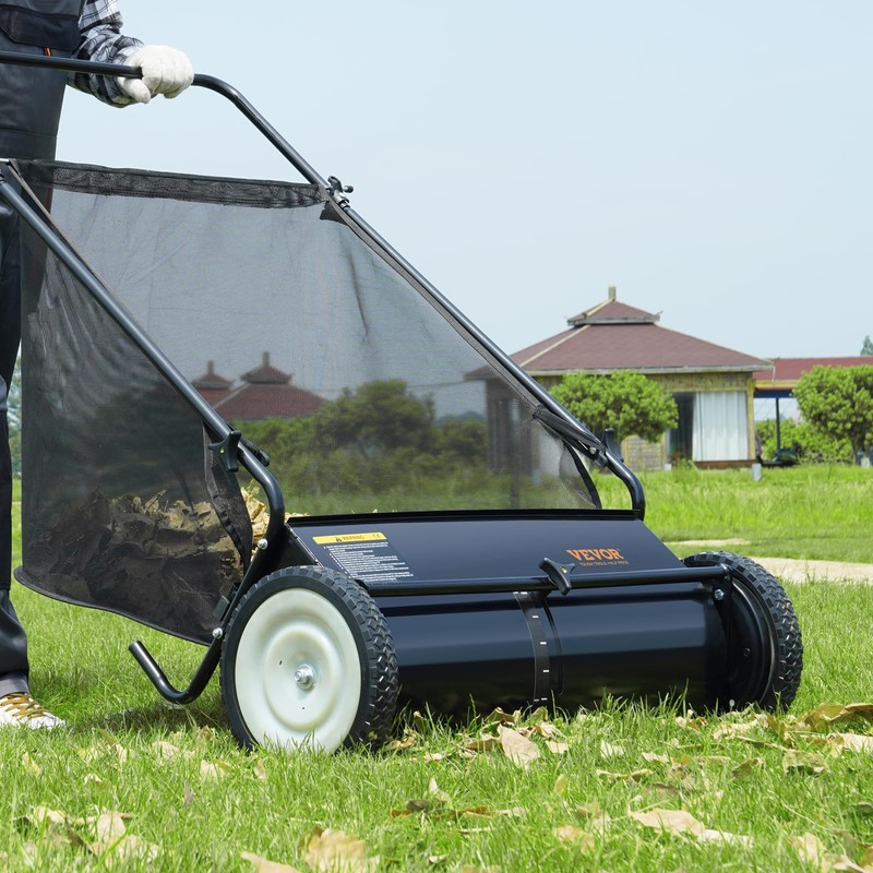 VEVOR Push Lawn Sweeper, 26 Inch Leaf & Grass Collector,