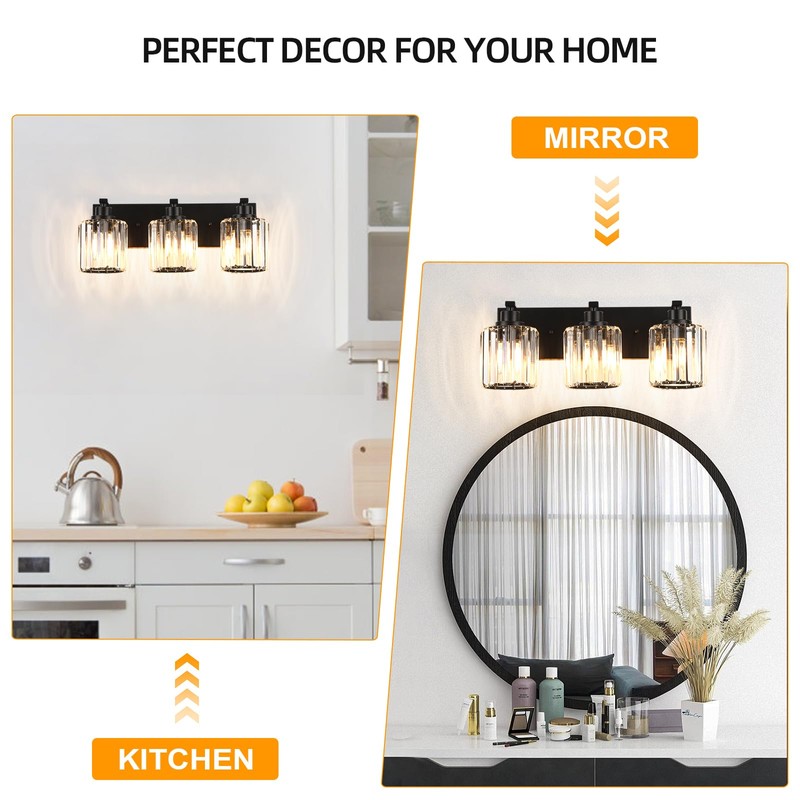Haolaike 3 Lights Crystal Bathroom Vanity Light Modern Black Bathroom