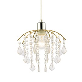 Traditional Classic Waterfall Pendant Lamp Shade with Clear Acrylic Droplets and Beads on Brushed Gold Metal Frame | 21cm x 28cm by Happy Homewares