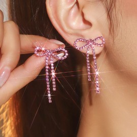 Suofrun Bow Earrings for Women Rhinestone Long Tassel Earrings Ribbon Bow Drop Earring Silver Stainless Steel Dangle Earrings Cute Sparkly Jewelry (Style 1-Pink)