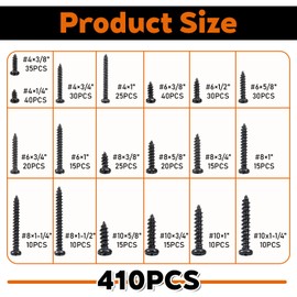 410 Piece Stainless Steel Black Wood Screws Set #4#6#8#10 Self Tapping Wood Screws Assortment Kit Pan Head Sheet Metal Screw Assorted Lengths 1/4" to 1-1/2", Storage Box Included