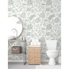 CiCiwind Floral Peel and Stick Wallpaper White and Green Contact Paper Vintage Self Adhesive Removable Wall Paper for Bedroom Bathroom Laundry Room 17.3"×137.7"