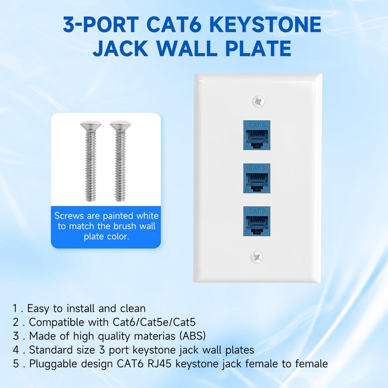 4 Pack Ethernet Wall Plate 3-Port Cat6 Keystone Jack RJ45