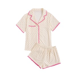 Verdusa Women's 2 Piece Pajama Sets Cute Pj Set Button Up Short Sleeve Top and Short Sleepwear Lounge Sets Beige Medium