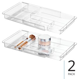 iDesign Makeup Storage Tray for Cosmetics or Jewelry, Set of 2, Clear Linus Expandable Drawer Organizer M2