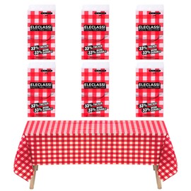 Red Gingham Checkered 6 Pack Disposable Plastic Tablecloth 54 x 108 In - Plastic Table Cloths for Parties Disposable Tablecloth for 8 Ft Rectangle Table - Rectangle Tablecloth Red Checkered Tablecloth