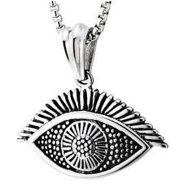 COOLSTEELANDBEYOND Stainless Steel Evil Eye Pendant Necklace, Engraved Mystic Protection Amulet, Boho Gothic Jewelry(CA)
