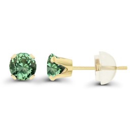 Genuine 14K Solid Yellow Gold 4mm Round Created Green Sapphire September Birthstone Stud Earrings For Women