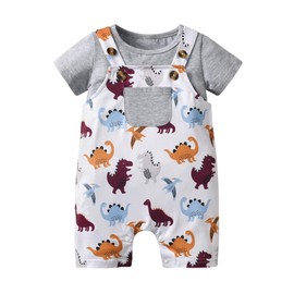 Infant Baby Boy Summer Clothes Short T-Shirt Cartoon Dinosaur Print Overall Suspender Romper Bodysuit Set Grey 18-24 Months