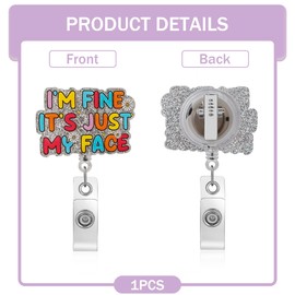 Funny Glitter Nurse Badge Reel I'm Fine It's Just My Face Cute ID Card Badge Holder Retractable Rotating Alligator Clip for Nurse Nursing Student Doctor Teacher Worker