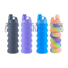 konlongzan Collapsible Water Bottles 4 pack Travel Water Bottle Portable Hiking Water Bottle with Leak proof Twist Cap 500ML Reusable BPA Free Silicone Water Bottles. (Black+Purple+Blue+Pink)