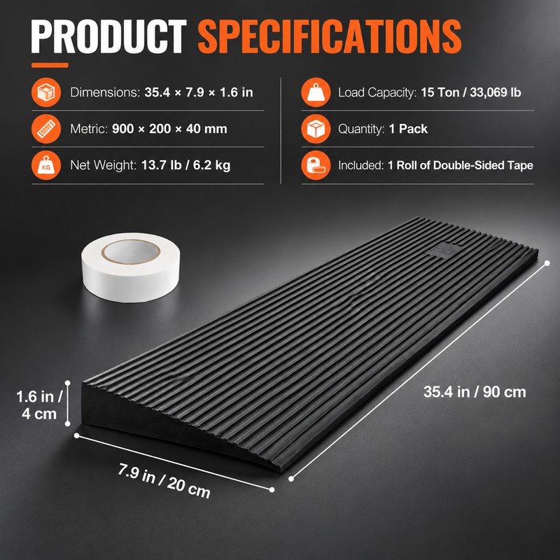 **Cuttable Natural Rubber Threshold Ramp – 1.2" & 1.6" Height