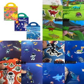 Reusable Sticker Books for Kids 2-5, Travel Sticker Learning Toys for Toddlers Age 2-4, Toddler Educational Learning Toys, Gifts for 2 3 4 5 Year Old Girls Boys, Dinosaur&Space&Ocean Animal