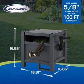 Suncast Garden Hose Hideaway Storage Reel Box, Cyberspace Grey – Resin Outdoor Container, Holds up to 100 Feet of 5/8 Inch Standard Vinyl Water Line – No Assembly Required