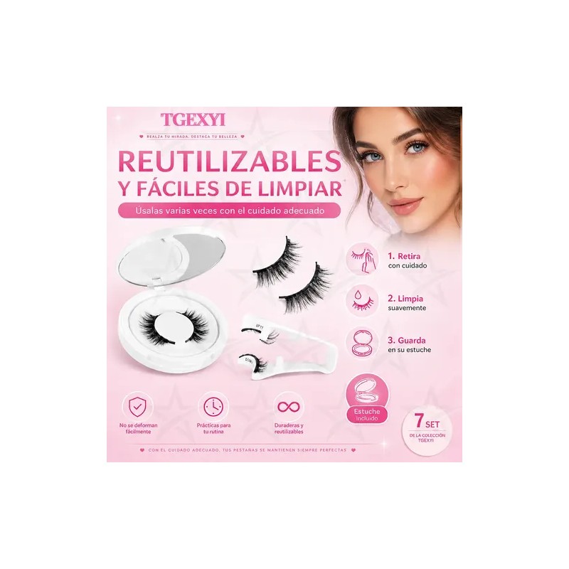 2 Pares Pestañas Magnéticas Natural Reutilizables +aplicador