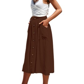 ZOYEESHINE Women's Modern Button Front Skirt: High Waist Pleated Midi Flare, Casual A-Line with Side Pockets(Small,Dark Brown)