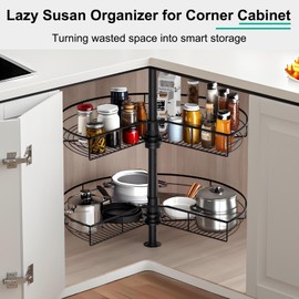 Lazy Susan Organizer for Cabinet, GWANLUKEJ 24'' Corner Cabinet Lazy Susan Organizers with Kidney Cut 2 Sheves Swivel Turntable, Height Adjustable for Base Kitchen Corner Storage, Metal Black