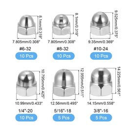 sourcing map Acorn Cap Nuts, 50Pcs #6-32, #8-32, #10-24, 1/4"-20, 5/16"-18, 3/8"-16 304 Stainless Steel Hex Acorn Cap Nuts, Silvery