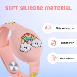 Diaclara Designed for AirTag Bracelet for Kids, Waterproof Cute Cartoon Air tag Holder, Full Coverage Anti-Lost Silicone Airtag Hidden Accessories for Child, Healthy Material (Pink & White)