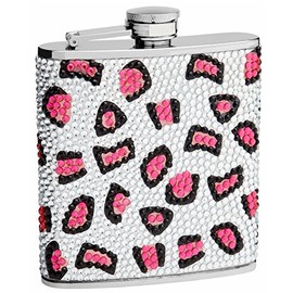 Genuine Rhinestones Hip Flask Holding 6 oz - Leopard Pattern Design - Pocket Size, Stainless Steel, Rustproof, Screw-On Cap - Pink, White and Black Finish