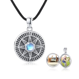 REDSUN Compass Locket Necklace 925 Sterling Silver Moonstone Chain Celtic Knot Photo Locket Amulet Medallion with Photo Compass Jewellery for Men Son Boys Women Gifts, Sterling Silver, Moonstone