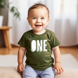 First Birthday Shirt One Outline for 1st Bday Infant Boys and Girls White on Military Green Shirt 18 Months