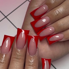 24Pcs Red French Press on Nails Short Duck Fake Nails Nude Nails Press ons with Duckbill Designs Glossy False Nails Full Cover Acrylic Nails Cute Glue on Nails for Women